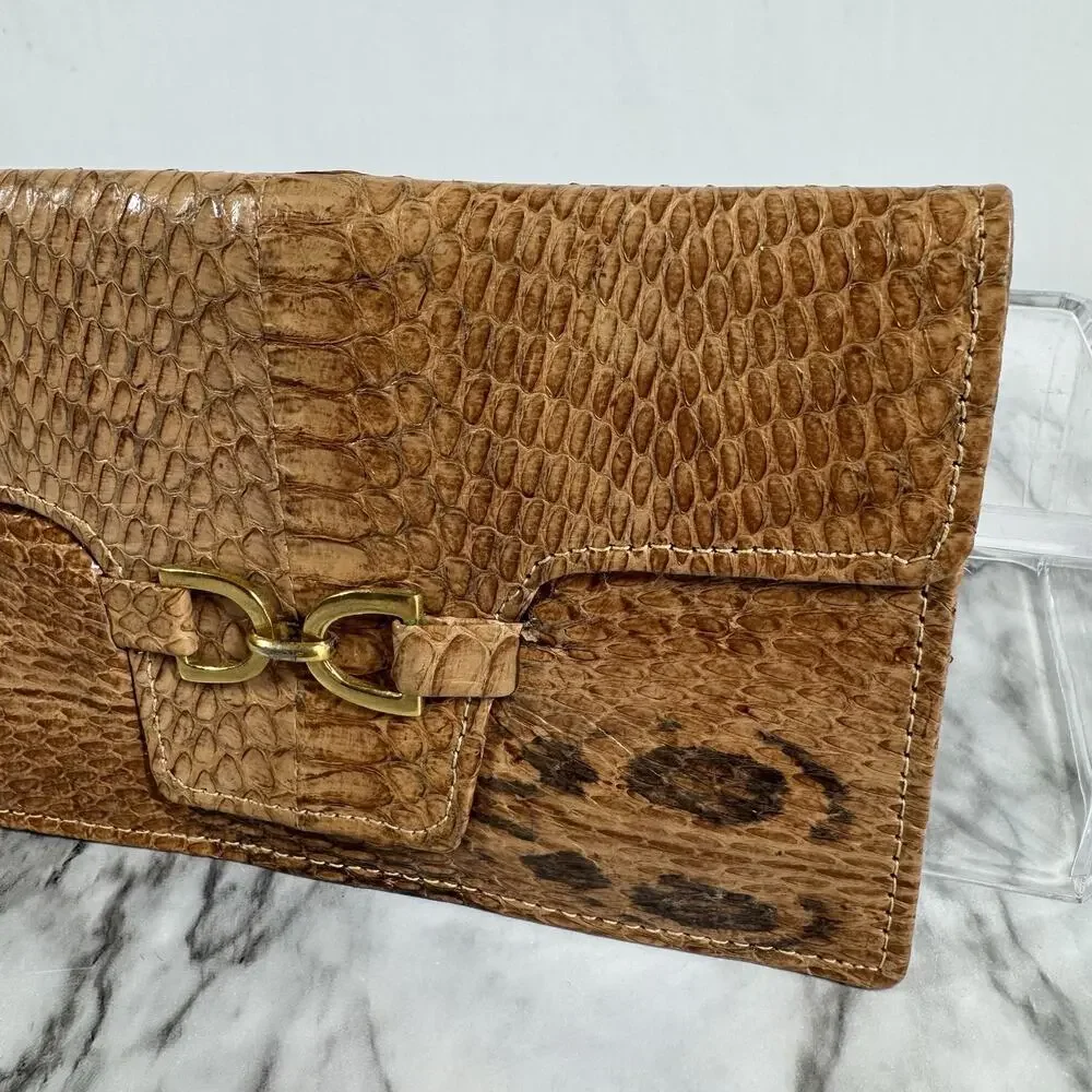 Vintage 60s Python Snakeskin Wallet Brown Leather Bi Fold Folio Style Gold Tone